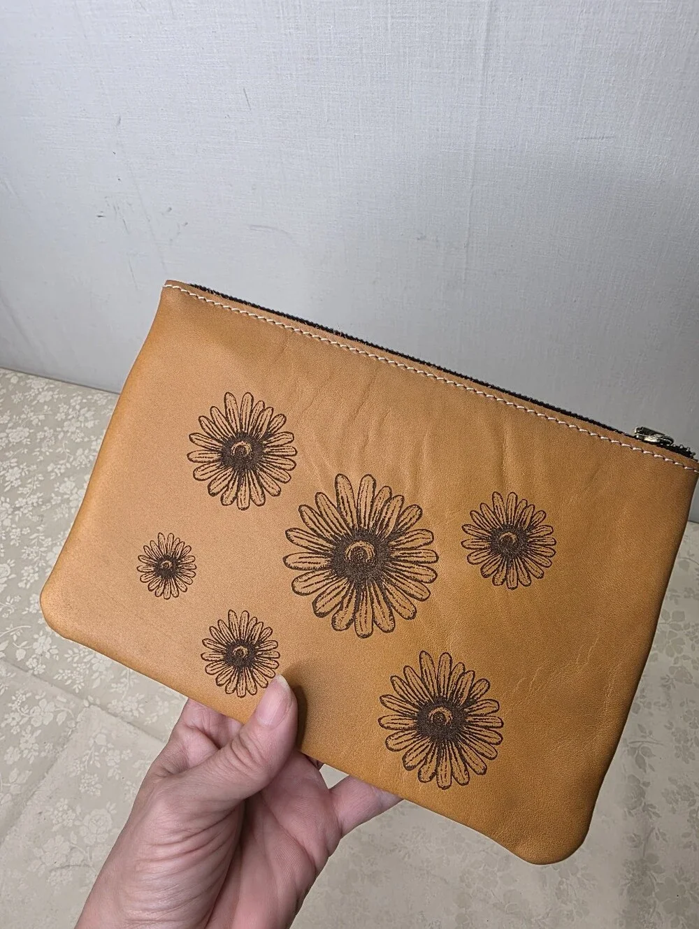 Designs by Planner Perfect Daisy Engraved Leather Pouch Makeup Planner Bag Tan